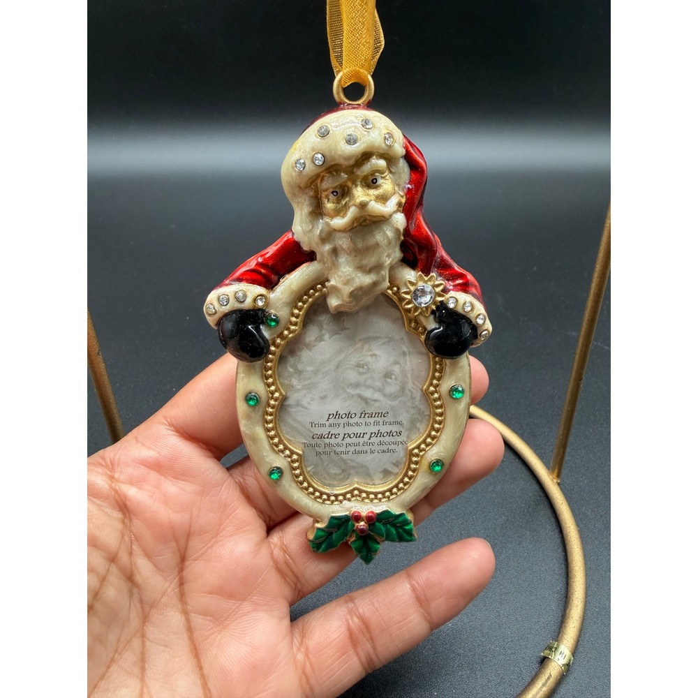 Enamel Santa Claus Photo Frame Christmas Ornament Crystal Accents Red Gold 4in